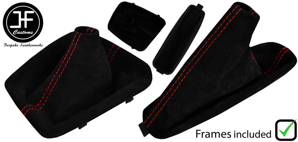 RED STITCH SUEDE MANUAL GAITER SET + PLASTIC FRAME FOR BMW 3 SERIES E46 99-05