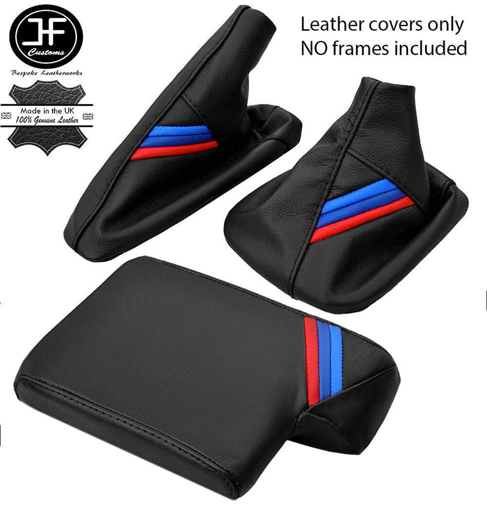 BLACK LEATHER TRI STRIPES GEAR HANDBRAKE ARMREST COVER FOR BMW E90 E91 E92 E93