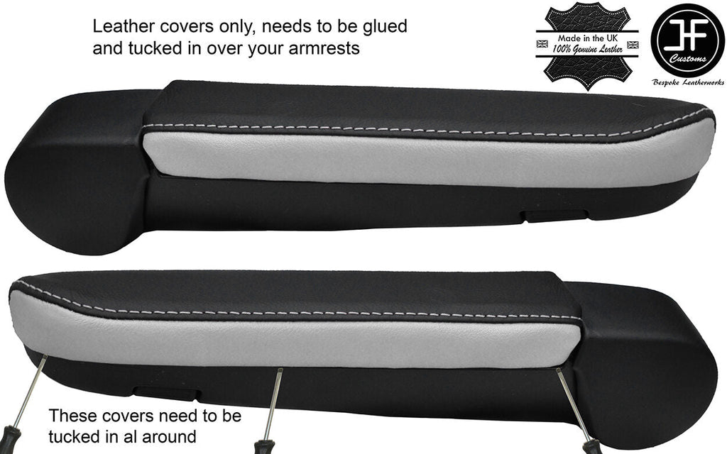 BLACK & WHITE 2X REAL LEATHER ARMREST COVERS FITS VW T5 TRANSPORTER CARAVELLE