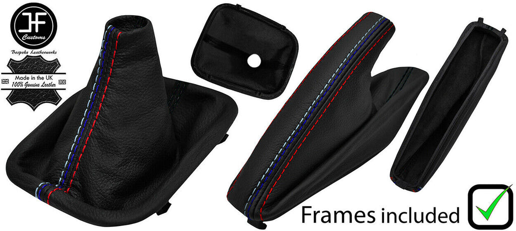 BLACK & TRI STITCH LEATHER MANUAL GAITER SET+PLASTIC FRAME FOR BMW 5 E34 87-97