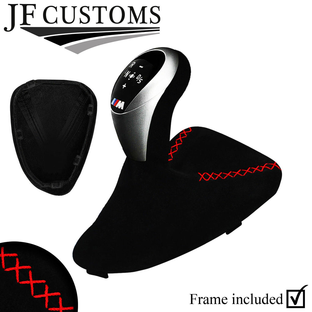 RED LUX-STITCH SUEDE AUTO DCT GEAR GAITER+PLASTIC FRAME FOR BMW E90 E92 E93