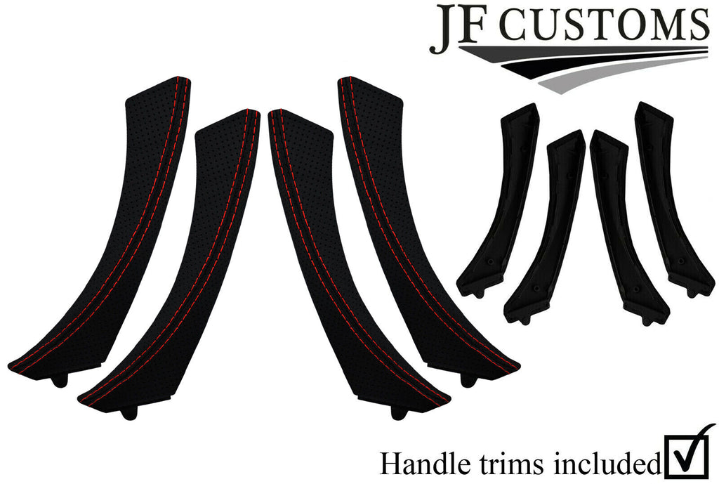 RED STITCH PERFORATED LEATHER 4X DOOR HANDLE TRIMS + COVERS FOR BMW E90 E91