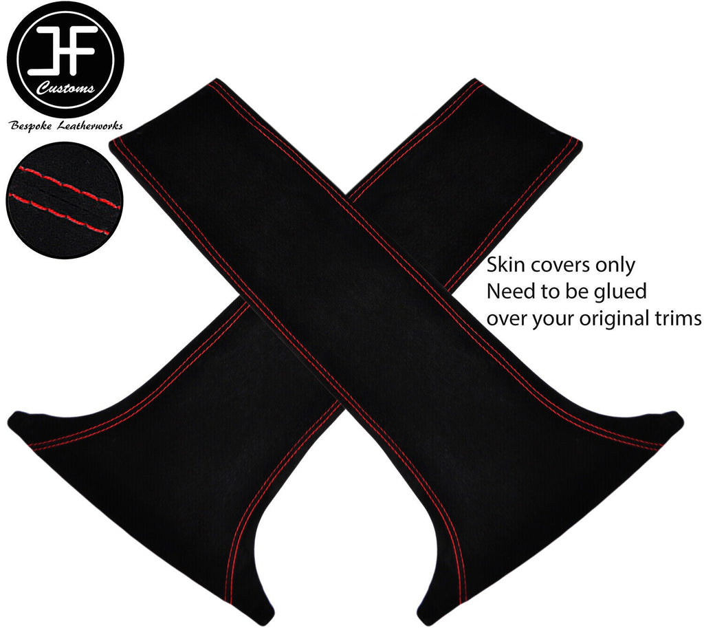 RED STITCH 2X LOWER B PILLAR SUEDE COVERS FITS FORD FOCUS MK1 98-04 5 DOOR