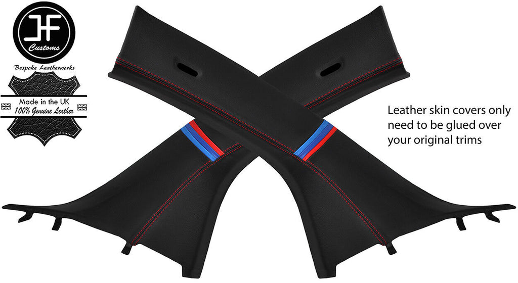 RED STITCH TRI STRIPE 2X A PILLAR REAL LEATHER COVERS FOR BMW I3 2013-2018