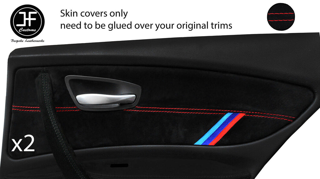 RED STITCH TRI STRIPE 2X REAR DOOR CARD TRIM SUEDE COVERS FOR BMW 1 E87 04-12