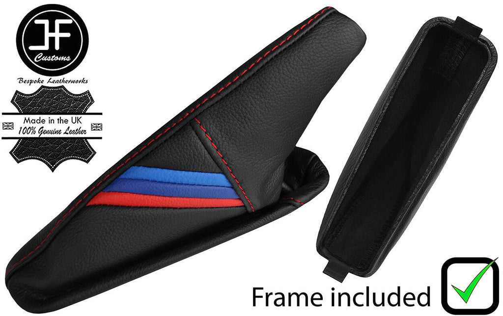 RED STITCH TRI TRIPES LEATHER HANDBRAKE + PLASTIC FRAME FOR BMW E46 99-05