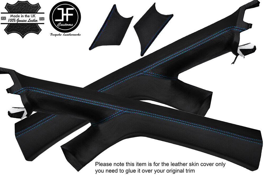 BLUE STITCHING 2X A PILLAR REAL LEATHER COVERS FITS VW CADDY MK4 2016-2020