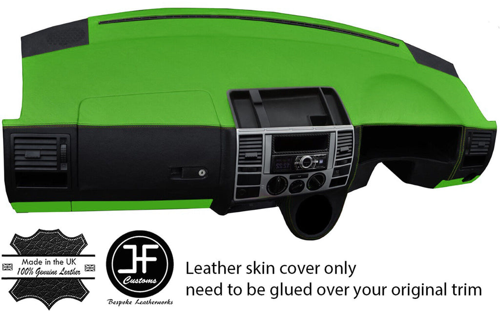 BLACK & GREEN DASH DASHBOARD REAL LEATHER COVER FOR VW T5 TRANSPORTER CARAVELLE