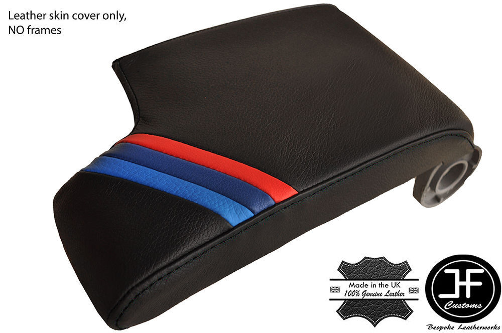 BLACK STITCH LEATHER ARMREST COVER TRI STRIPES FITS BMW E46 3 SERIES 1998-2005