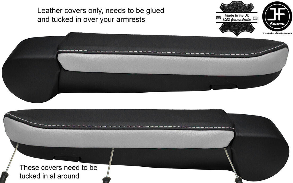 BLACK & WHITE 2X ARMREST REAL LEATHER COVERS FITS VW T6 TRANSPORTER 2016-2019