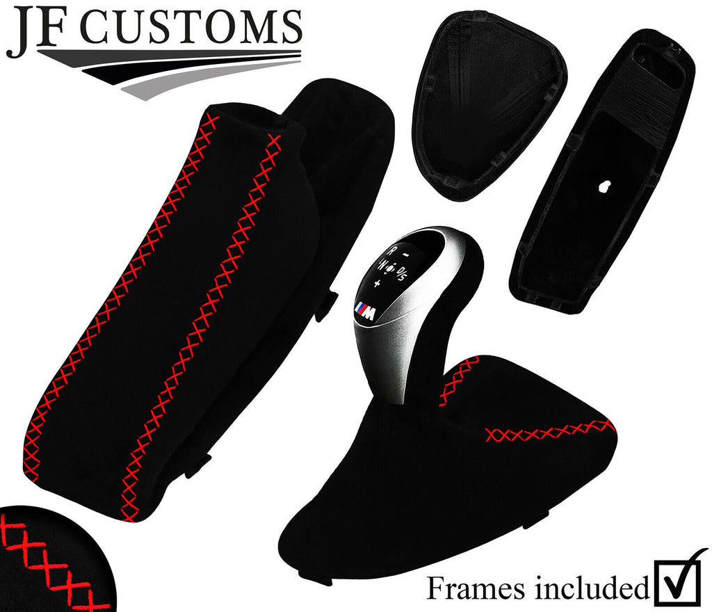 RED LUX-STITCH SUEDE AUTO DCT GEAR HANDBRAKE + FRAMES FOR BMW E90 E92 E93