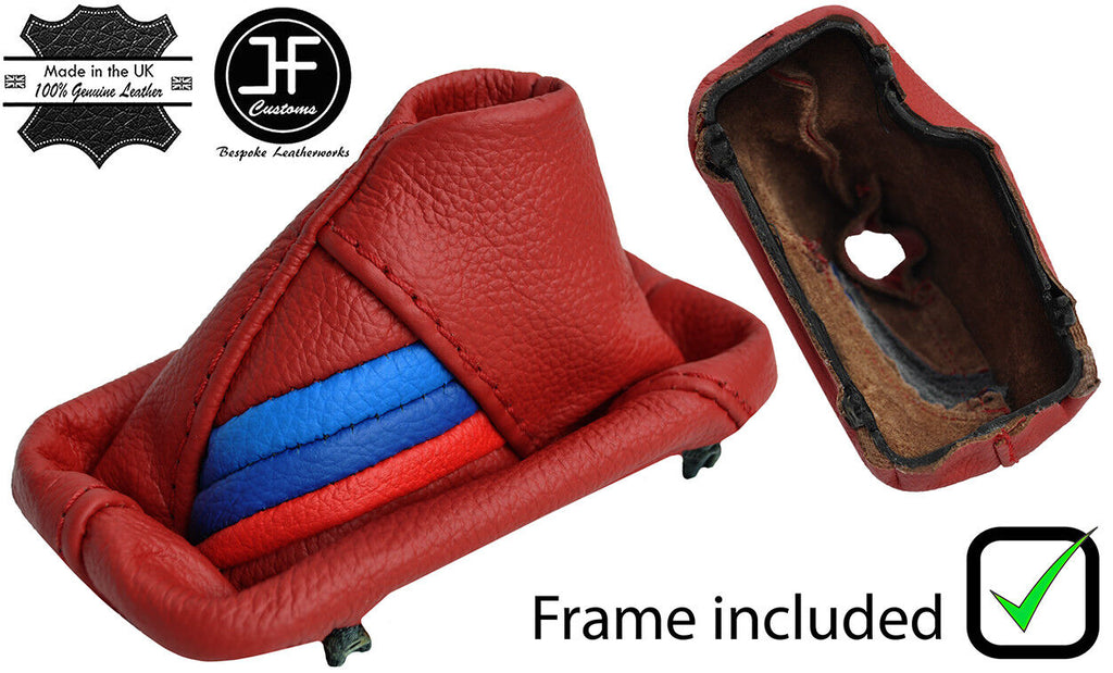 DARK RED LEATHER TRI STRIPE AUTO GEAR GAITER+PLASTIC FRAME FOR BMW E46 99-05
