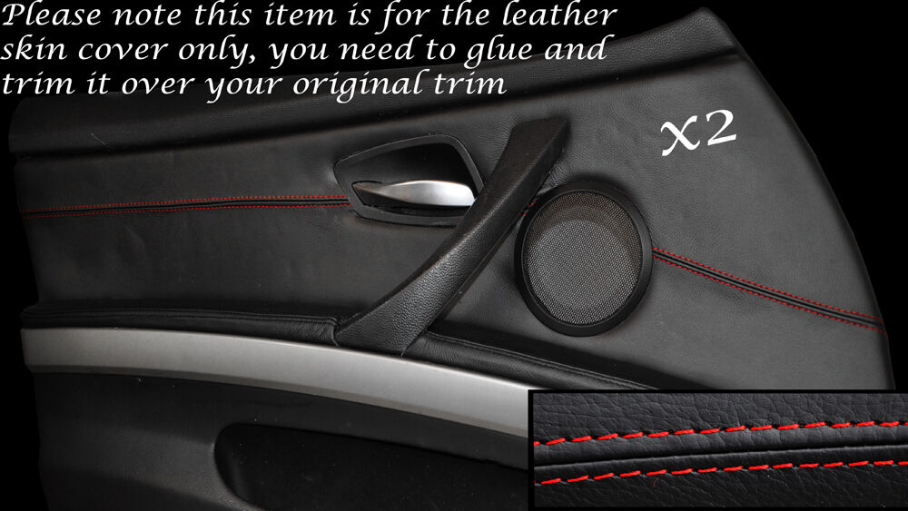 RED STITCH 2X FRONT DOOR CARD LEATHER COVERS FITS BMW 3 SERIES E90 06-11 5DR