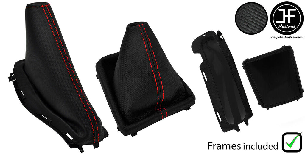 RED STITCH CARBON VINYL MANUAL GAITER SET + FRAME FOR FORD FOCUS 2005-2008