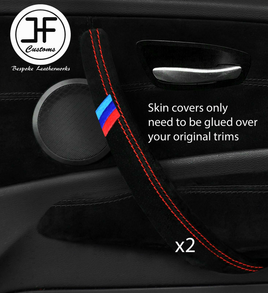 RED STITCH TRI STRIPE 2X FRONT DOOR HANDLE TRIM SUEDE COVERS FOR BMW E87 DSG 2