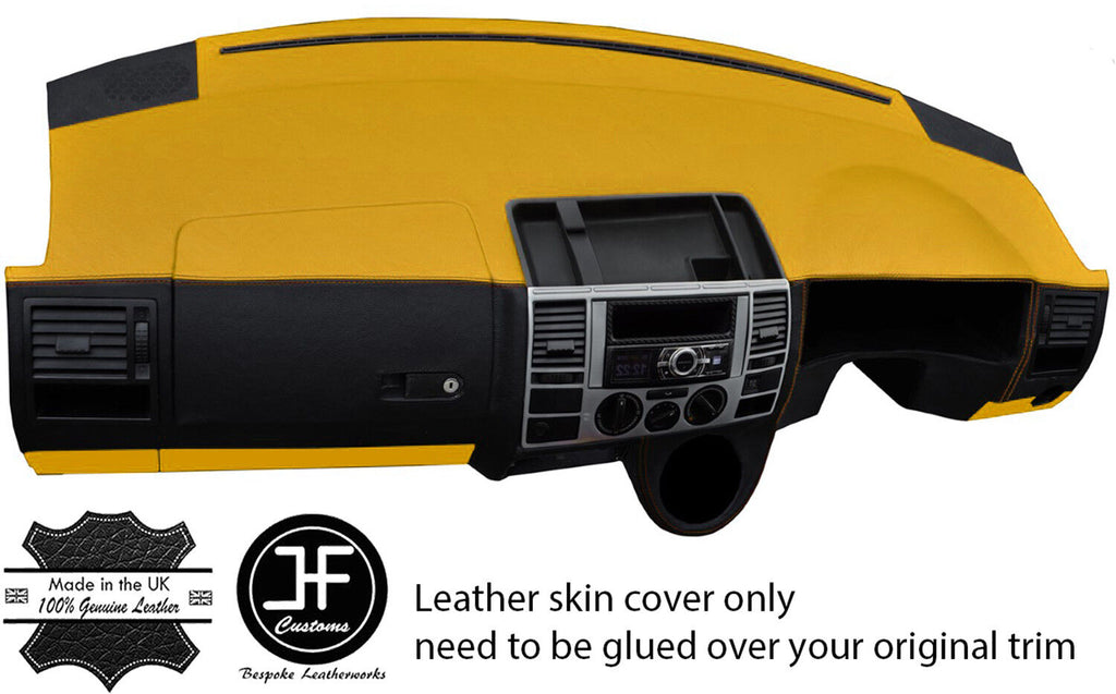 BLACK & YELLOW DASH DASHBOARD REAL LEATHER COVER FOR VW T5 TRANSPORTER CARAVELLE