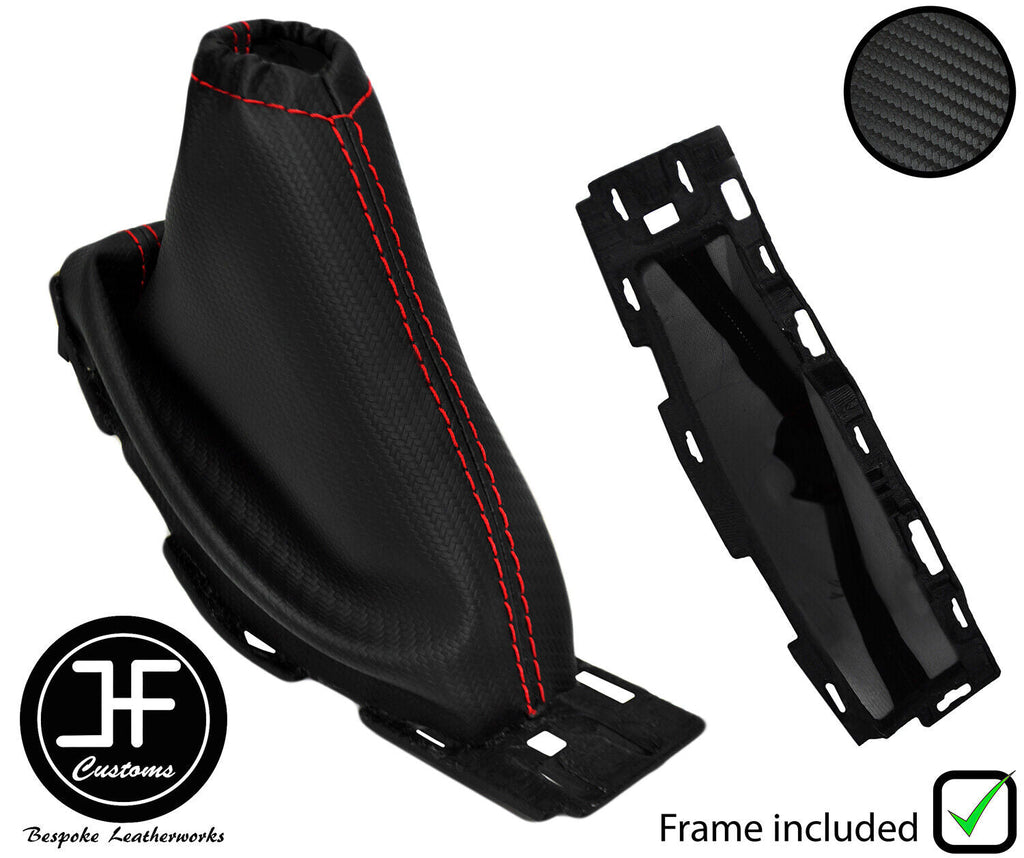 RED STITCH CARBON VINYL HANDBRAKE GAITER + PLASTIC FRAME FOR FORD FOCUS 14-18