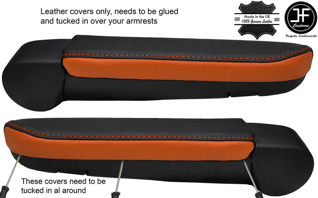 BLACK & ORANGE 2X REAL LEATHER ARMREST COVERS FITS VW T5 TRANSPORTER CARAVELLE