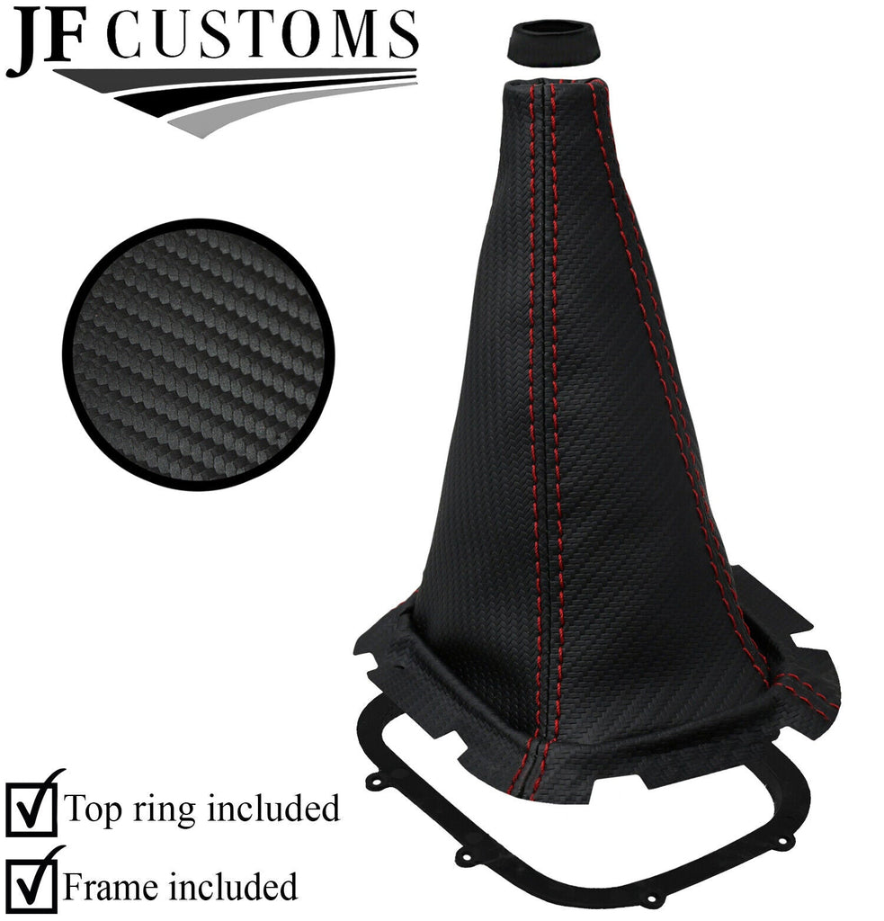 RED STITCH CARBON VINYL GEAR GAITER+FRAME+TOP RING FOR SUBARU FORESTER 98-02