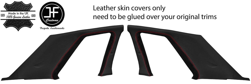 RED STITCH 2X B C PILLAR LEATHER & SUEDE COVERS FITS NISSAN SKYLINE R32 89-94