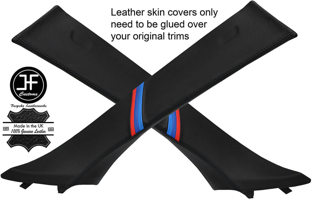 BLACK STITCH TRI STRIPES 2X A PILLAR REAL LEATHER COVERS FITS BMW X6 E71 07-14