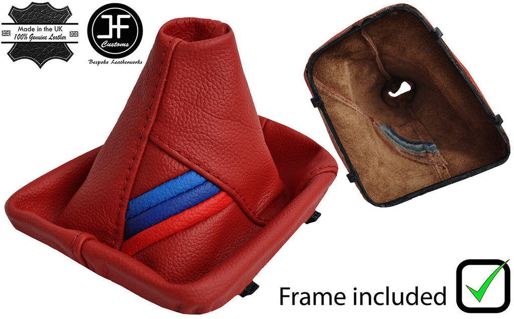 DARK RED LEATHER TRI STRIPE MANUAL GEAR GAITER+PLASTIC FRAME FOR BMW E46 99-05