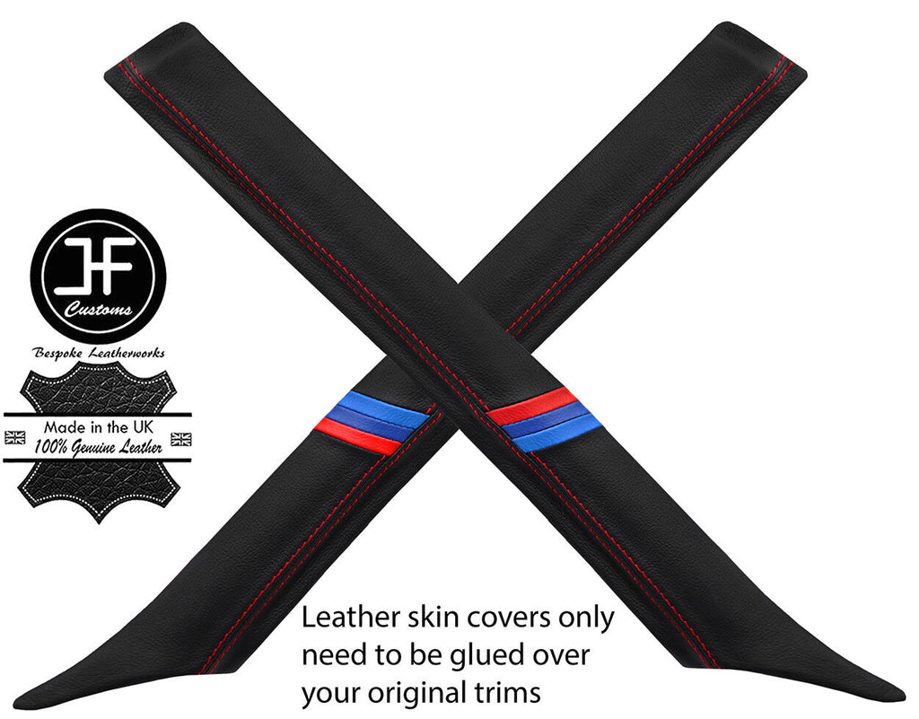 RED STITCH TRI STRIPE 2X A PILLAR LEATHER COVERS FITS BMW E30 84-93 CONVERTIBLE