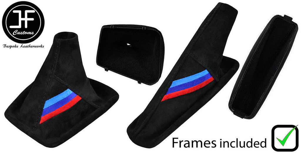 BLACK STITCH TRI STRIPE SUEDE MANUAL SET+PLASTIC FRAME FOR BMW 3 E46 99-05