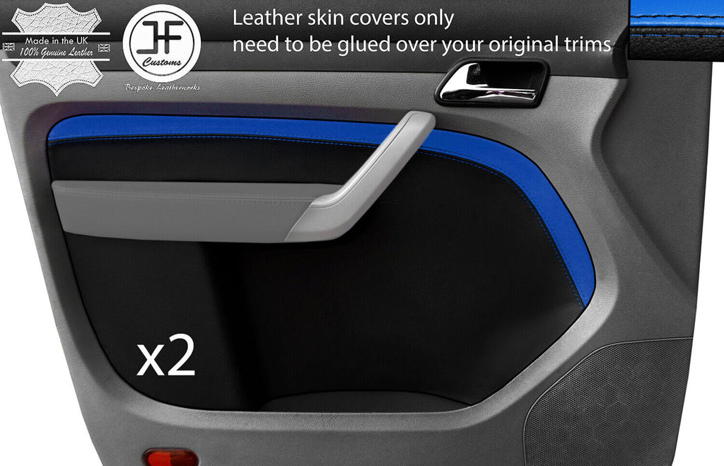 BLACK & BLUE LEATHER 2X FRONT DOOR CARD TRIM COVERS FITS VW CADDY MK3 05-15