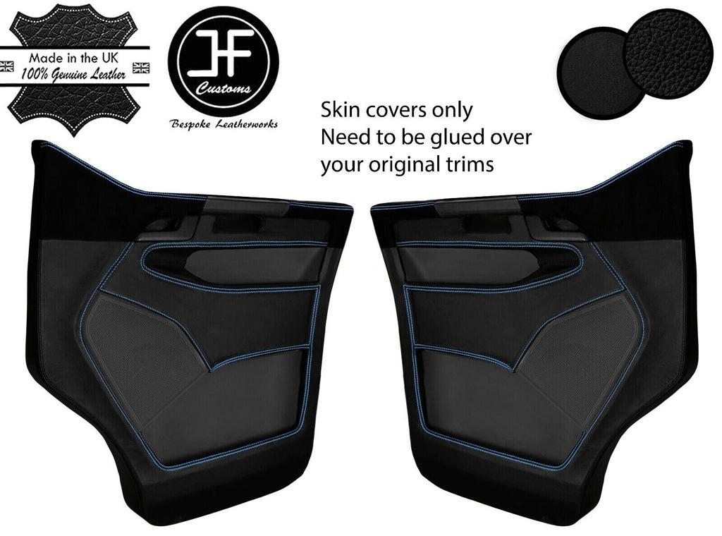 BLUE STITCH 2X FRONT DOOR CARD REAL LEATHER & LUXE SUEDE COVER FOR VW T6 16-20