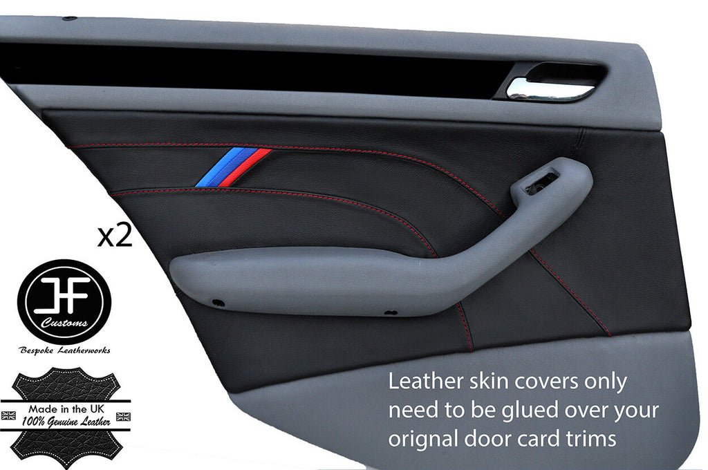 RED STITCH TRI STRIPE 2X REAR DOOR CARD LEATHER COVERS FOR BMW E46 SALOON 98-05