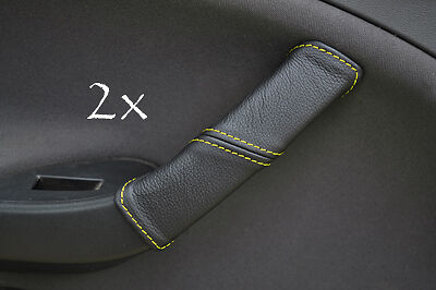 FITS SEAT ALTEA  2X DOOR HANDLE LEATHER COVERS yellow stitching CUSTOM NEW