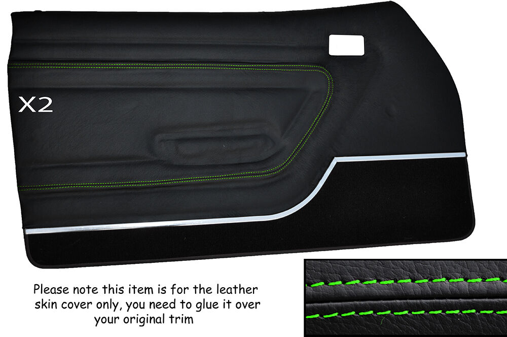 GREEN STITCH 2X FRONT DOOR CARDS LEATHER SKIN COVER FITS FORD CAPRI MK3 STYLE 2