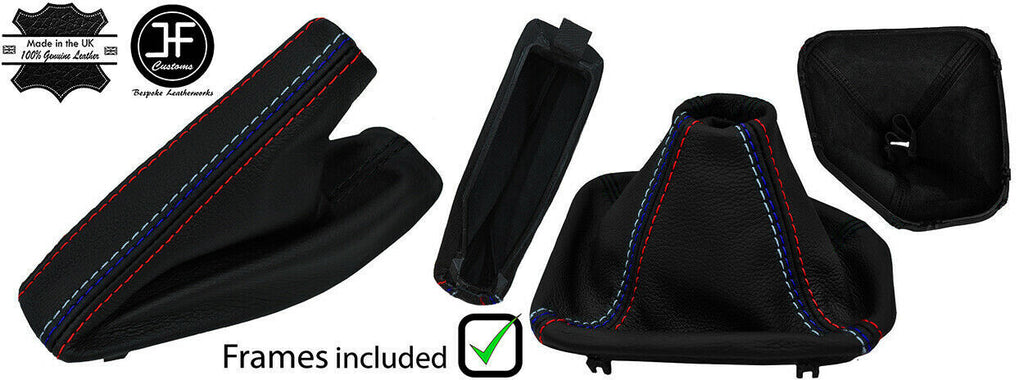 BLACK & TRI STITCH LEATHER MANUAL GAITER SET+PLASTIC FRAME FOR BMW 5 E39 95-03