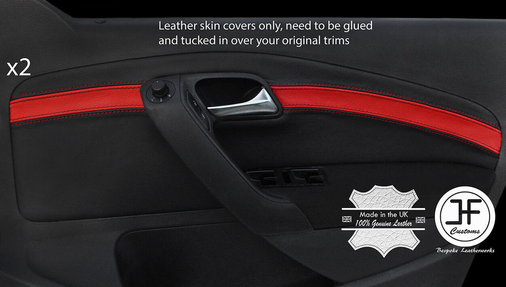 BLACK & RED 2X FRONT DOOR CARD TRIM LTHR COVERS FOR VW POLO MK8 09-16 5 DOOR