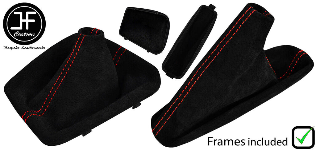 RED STITCH SUEDE MANUAL GAITER SET + PLASTIC FRAME FOR BMW 3 SERIES E36 91-99