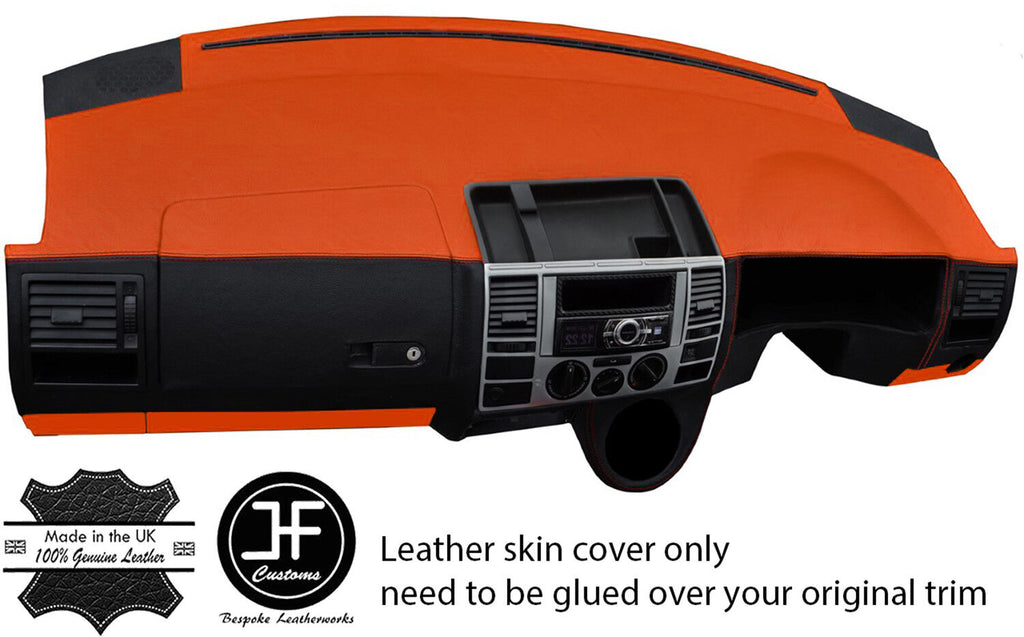 BLACK & ORANGE DASH DASHBOARD REAL LEATHER COVER FOR VW T5 TRANSPORTER CARAVELLE