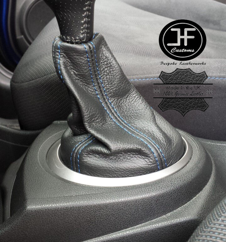 BLUE STITCH FOR HONDA JAZZ 2009-2014 BLACK REAL LEATHER GEAR GAITER COVER