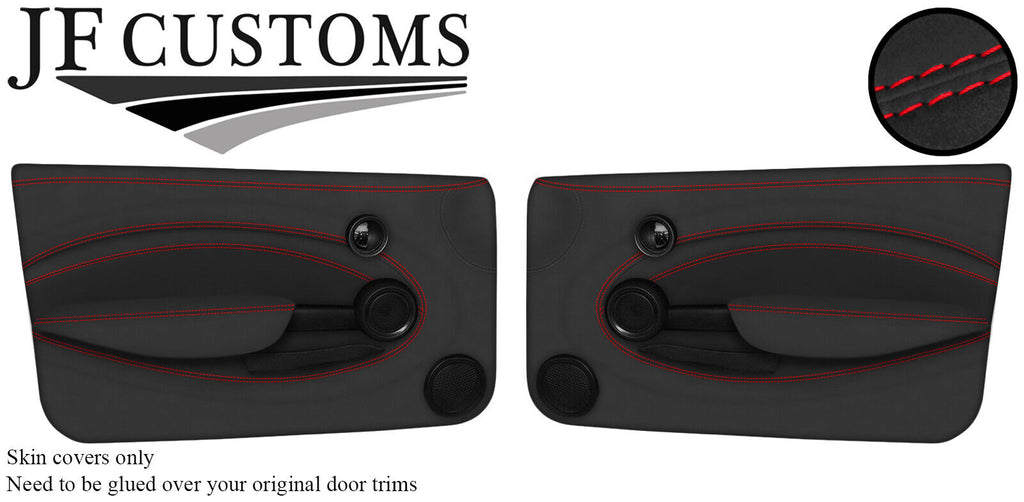 RED STITCH 2X FULL DOOR CARD D GREY SUEDE COVERS FOR MINI R55 R56 R57 07-14