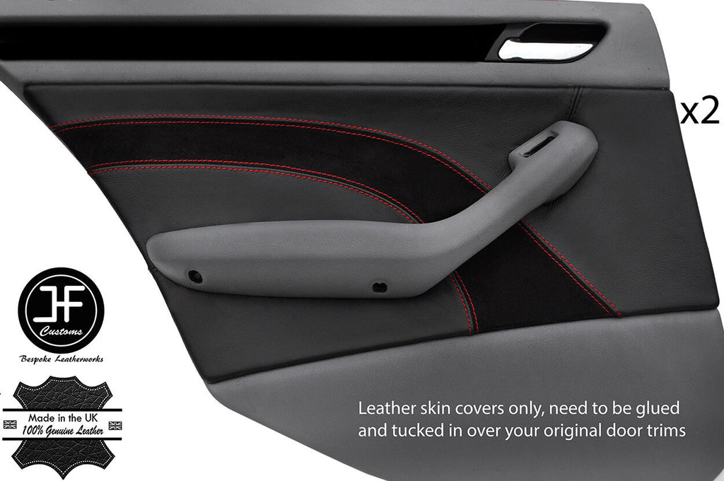 RED STITCH 2X REAR DOOR CARD LEATHER & SUEDE COVERS FOR BMW E46 SALOON 98-05