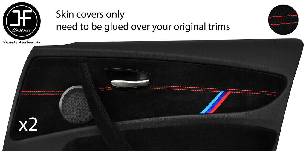 RED STITCH TRI STRIPE 2X FRONT DOOR CARD TRIM SUEDE COVERS FOR BMW 1 E87 04-12