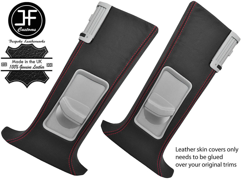 RED STITCH 2X UPPER B PILLAR LEATHER COVERS FITS VW T5 TRANSPORTER SHUTTLE