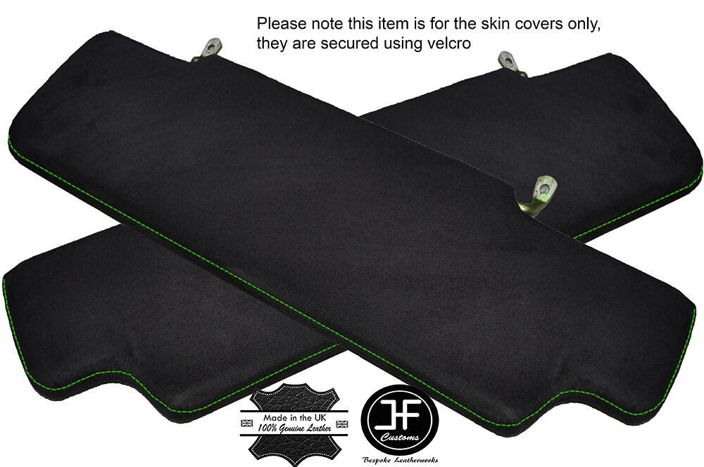 GREEN STITCH 2X SUN VISORS LUXE SUEDE COVERS FITS LAND ROVER DEFENDER 90 110