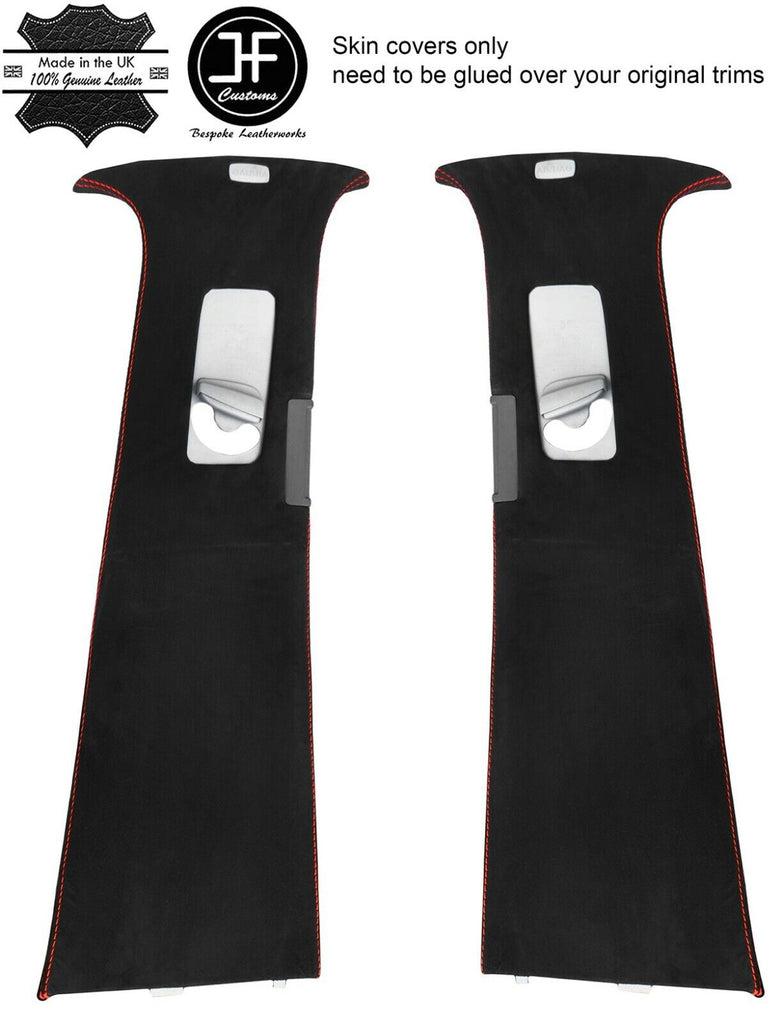 RED STITCH 2X UPPER B PILLAR REAL SUEDE COVERS FITS VW TOUAREG 2002-2011