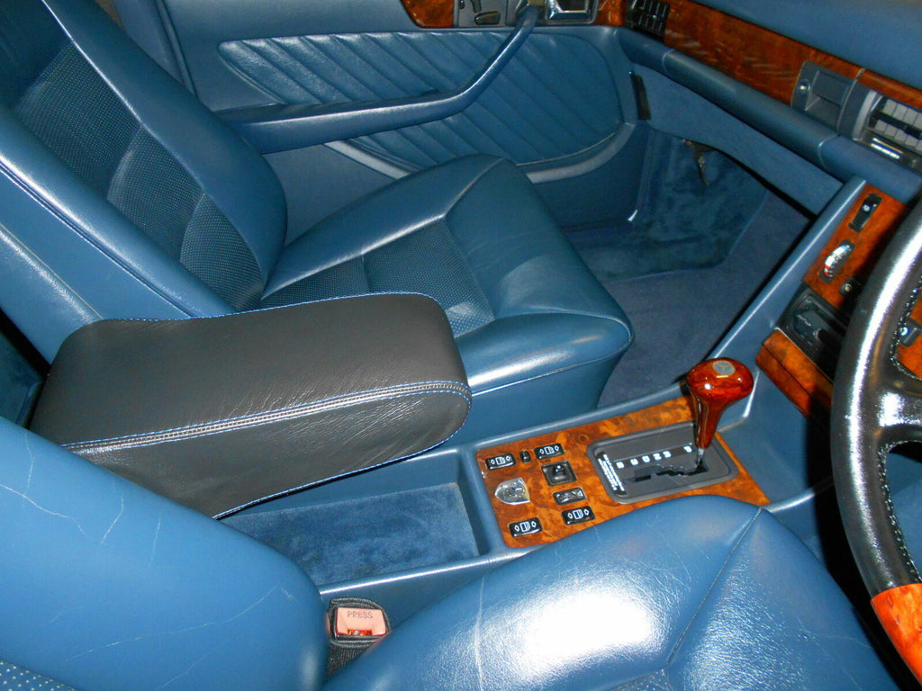 FITS MERCEDES W126 BLUE STITCH REAL LEATHER ARMREST COVER CUSTOM NEW MADE IN UK