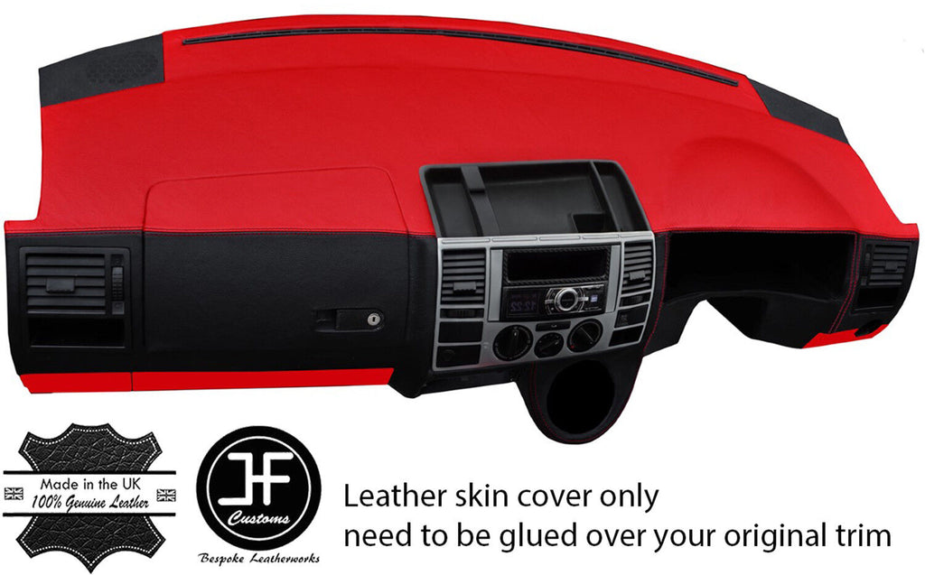 BLACK & RED DASH DASHBOARD REAL LEATHER COVER FOR VW T5 TRANSPORTER CARAVELLE