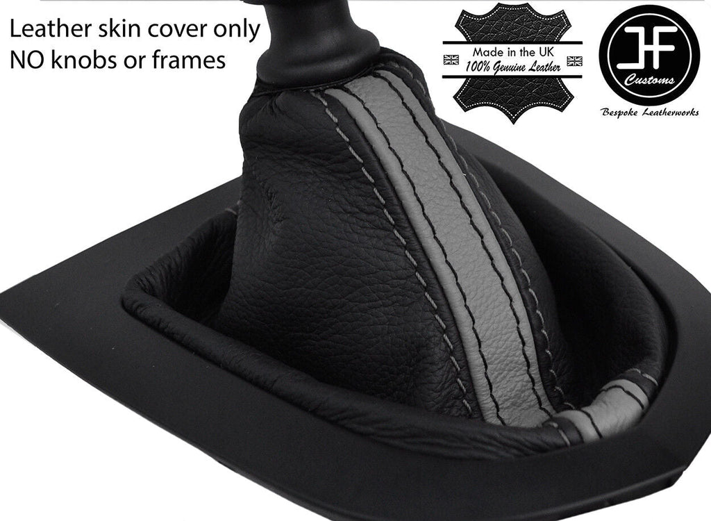 BLACK & GREY STRIPE TOP GRAIN REAL LEATHER GEAR GAITER FITS PEUGEOT RCZ 09-15