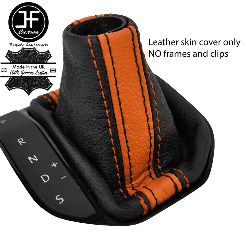 BLACK & ORANGE STRIPE LEATHER AUTOMATIC GEAR GAITER FITS VW T6 TRANSPORTER 16-19