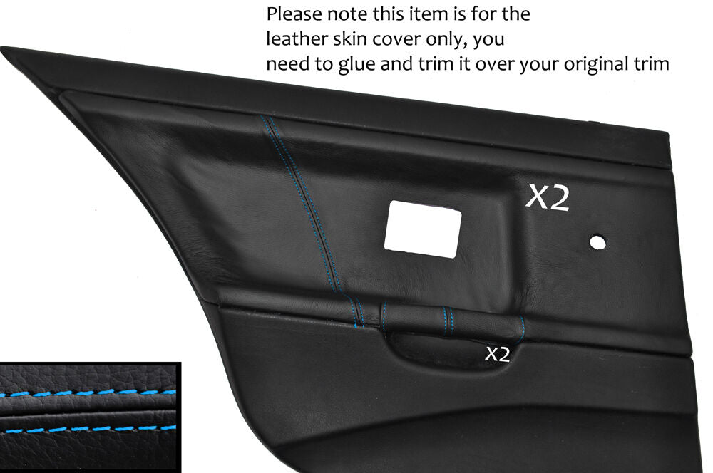 BLUE STITCH 2X REAR DOOR CARD LEATHER COVERS FITS BMW E36 SALOON SEDAN 91-98