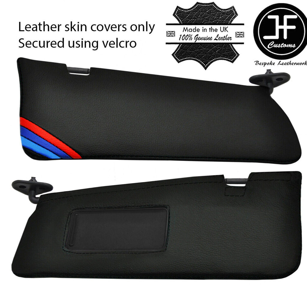 BLACK STITCH TRI STRIPE 2X SUN VISORS LEATHER COVERS FOR BMW 3 SERIES E46 98-05